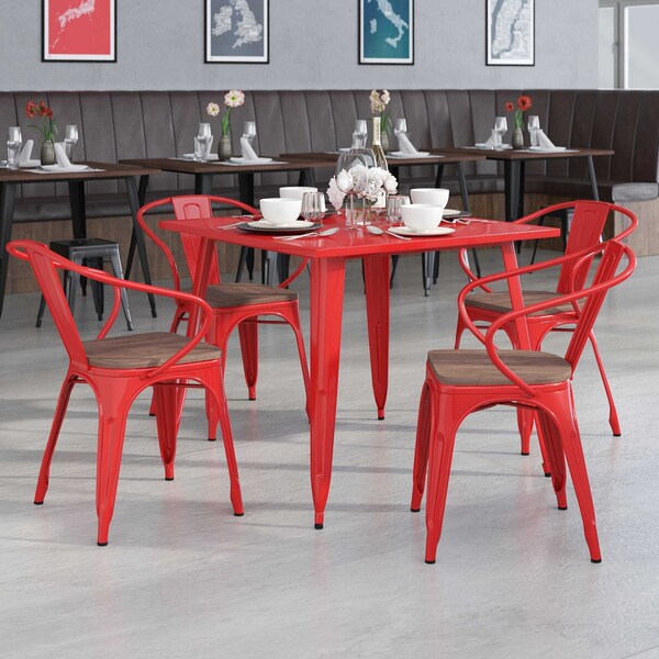 Flash Furniture Red Metal Chair with Wood Seat and Arms, PK4 4-CH-31270-RED-WD-GG - main